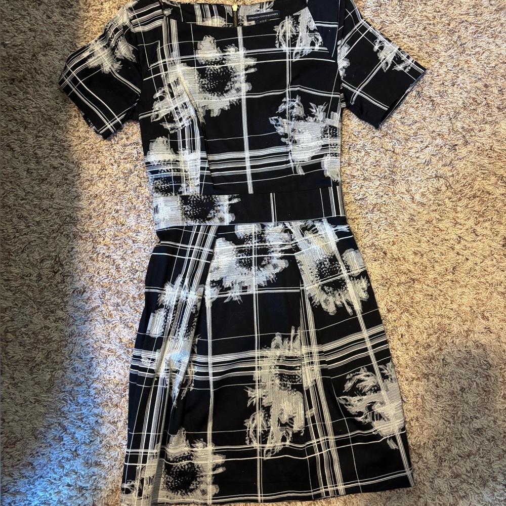French Connection Black and White Plaid Floral Midi Dress